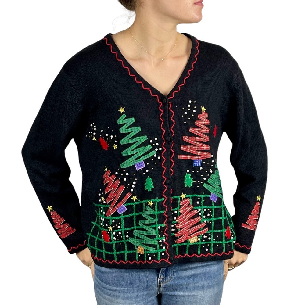 VINTAGE 90S COTTON CHRISTMAS TREE SNOWMAN HOLIDAY CARDIGAN SWEATER SEQUE NOEL